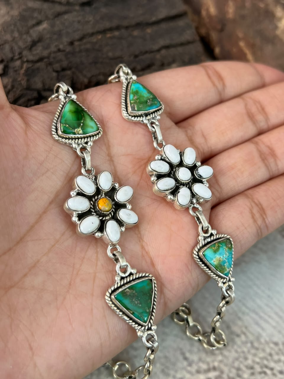 Handmade Sterling Silver Sonoran Mountain Turquoise with Bumblebee and White Buffalo Spring Collection: Chain Bracelet Signed Nizhoni