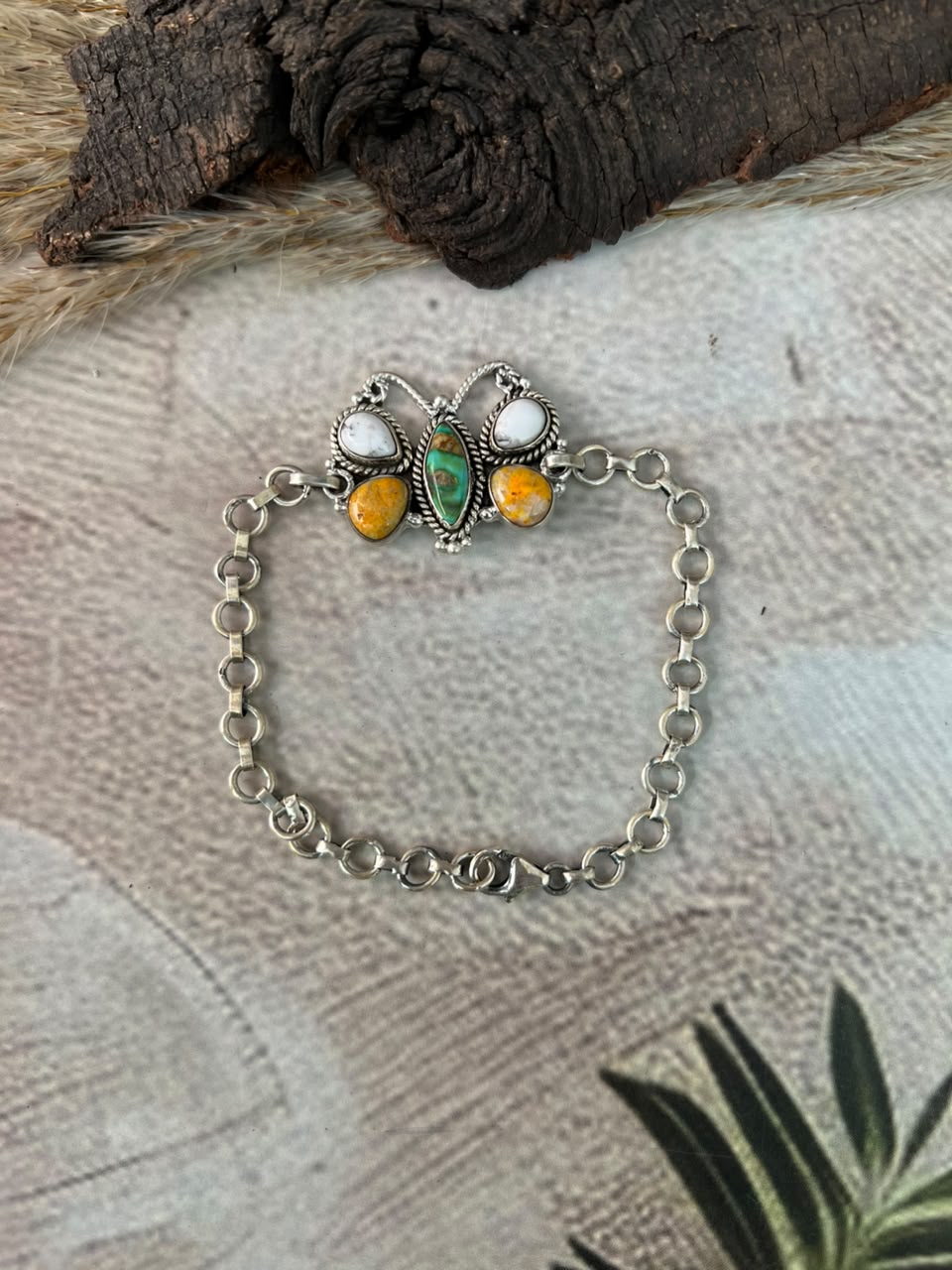 Handmade Sterling Silver Sonoran Mountain Turquoise with Bumblebee and White Buffalo Spring Collection: Butterfly Chain Bracelet Signed Nizhoni