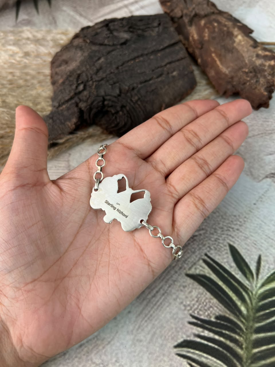 Handmade Sterling Silver Sonoran Mountain Turquoise with Bumblebee and White Buffalo Spring Collection: Butterfly Chain Bracelet Signed Nizhoni