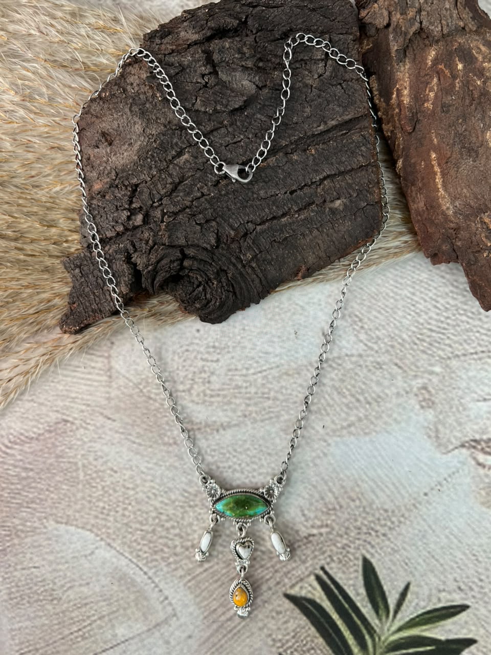 Handmade Sterling Silver Sonoran Mountain Turquoise with Bumblebee and White Buffalo Spring Collection: Necklace Signed Nizhoni