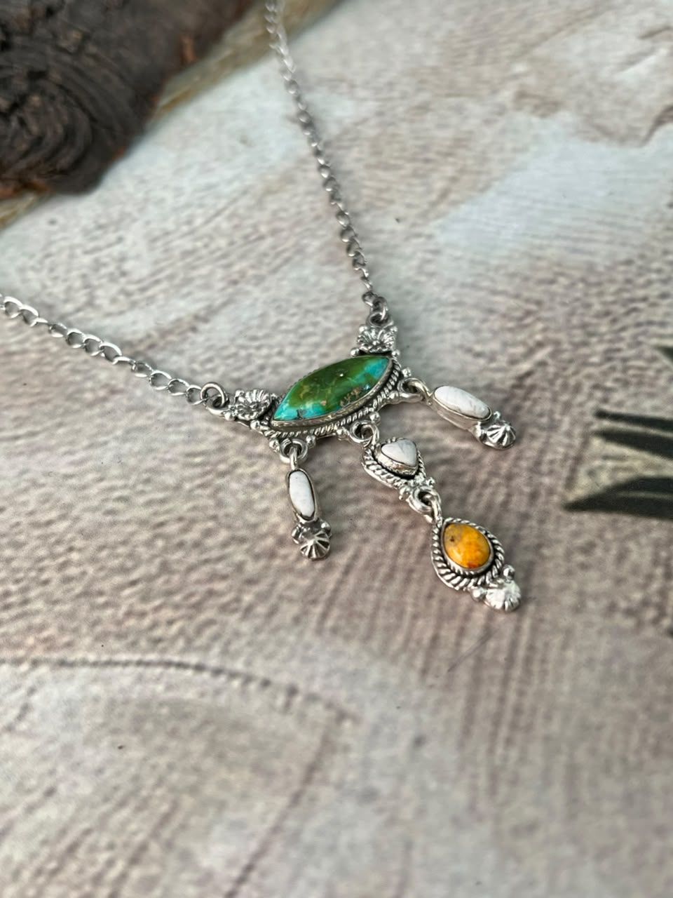 Handmade Sterling Silver Sonoran Mountain Turquoise with Bumblebee and White Buffalo Spring Collection: Necklace Signed Nizhoni