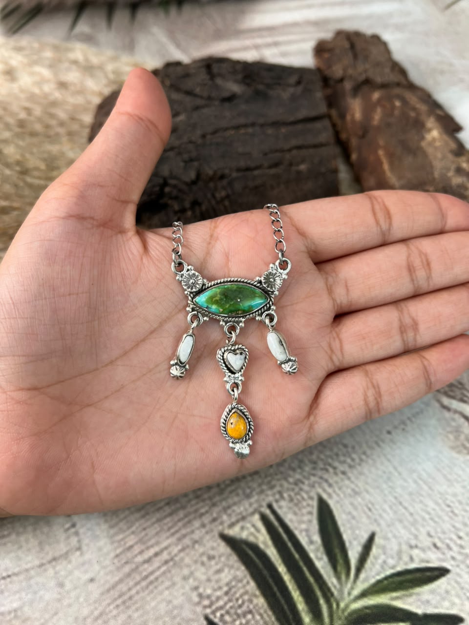 Handmade Sterling Silver Sonoran Mountain Turquoise with Bumblebee and White Buffalo Spring Collection: Necklace Signed Nizhoni
