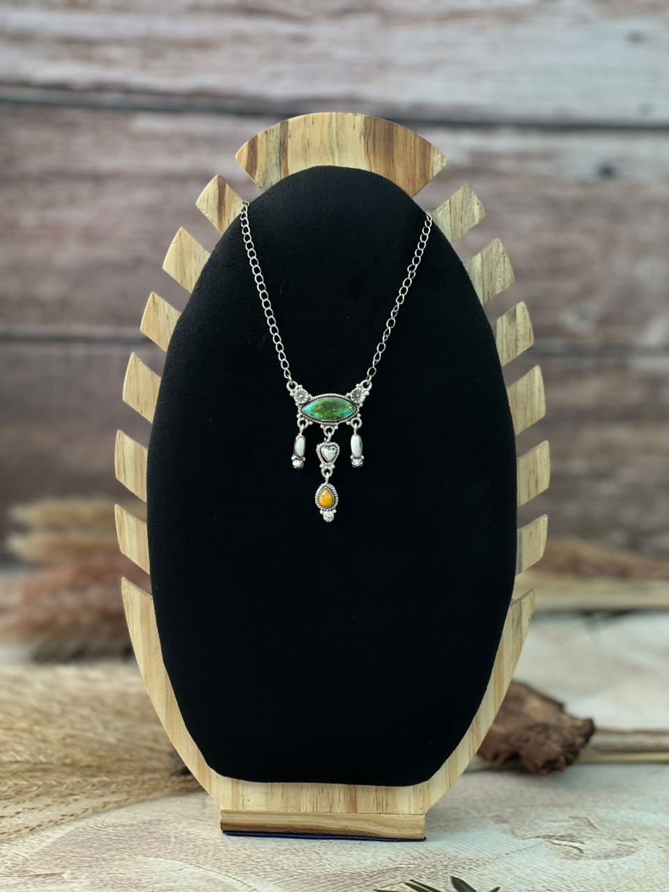 Handmade Sterling Silver Sonoran Mountain Turquoise with Bumblebee and White Buffalo Spring Collection: Necklace Signed Nizhoni