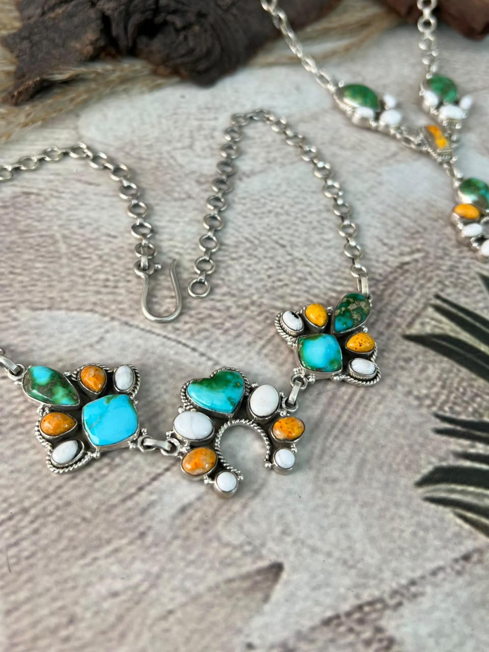 Handmade Sterling Silver Sonoran Mountain Turquoise with Bumblebee and White Buffalo Spring Collection: Naja Necklace Signed Nizhoni