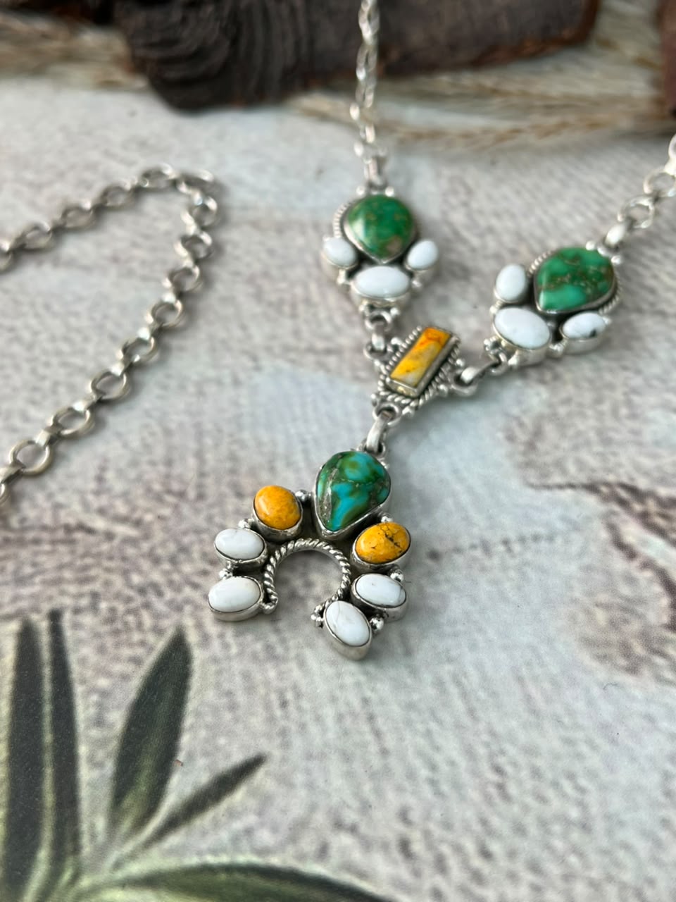 Handmade Sterling Silver Sonoran Mountain Turquoise with Bumblebee and White Buffalo Spring Collection: Naja Necklace Signed Nizhoni