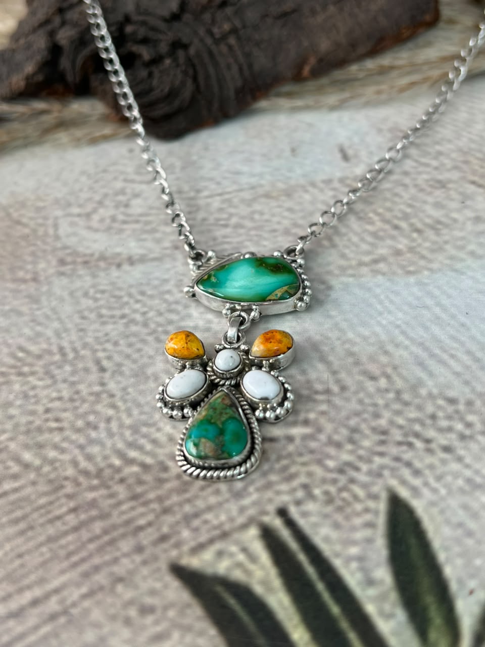 Handmade Sterling Silver Sonoran Mountain Turquoise with Bumblebee and White Buffalo Spring Collection: Necklace Signed Nizhoni