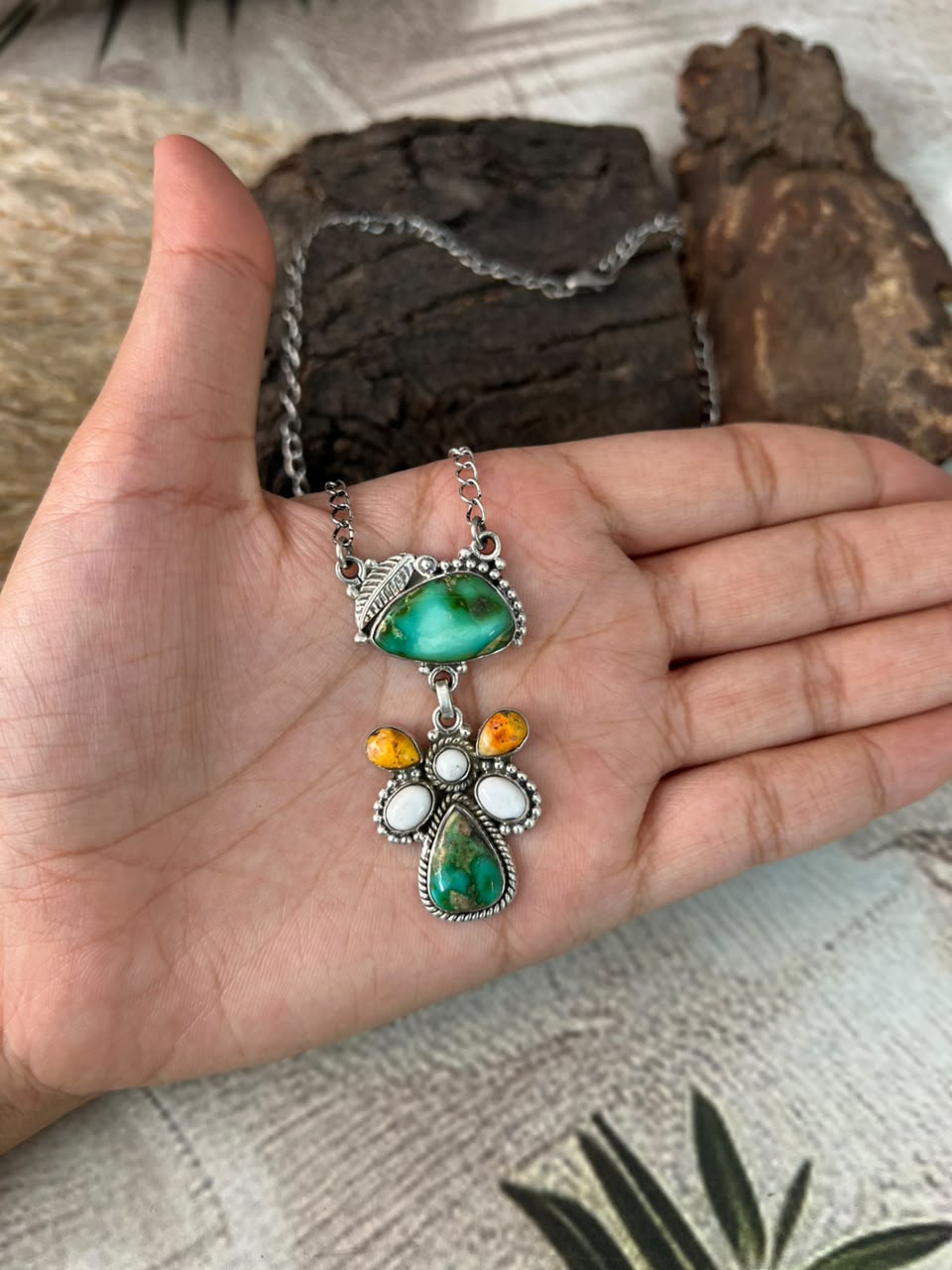 Handmade Sterling Silver Sonoran Mountain Turquoise with Bumblebee and White Buffalo Spring Collection: Necklace Signed Nizhoni