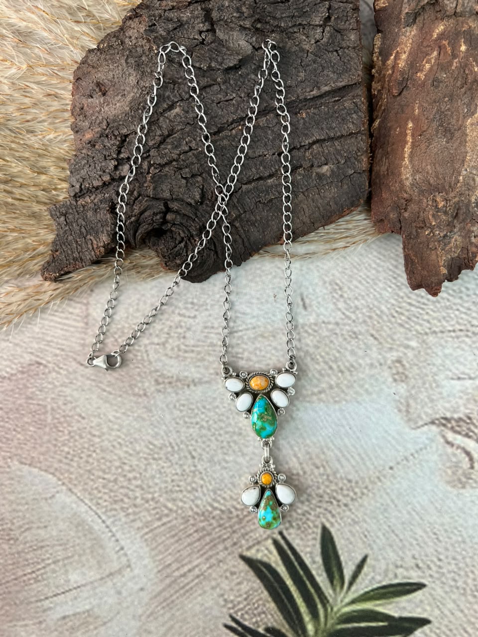 Handmade Sterling Silver Sonoran Mountain Turquoise with Bumblebee and White Buffalo Spring Collection: Drop Necklace Signed Nizhoni