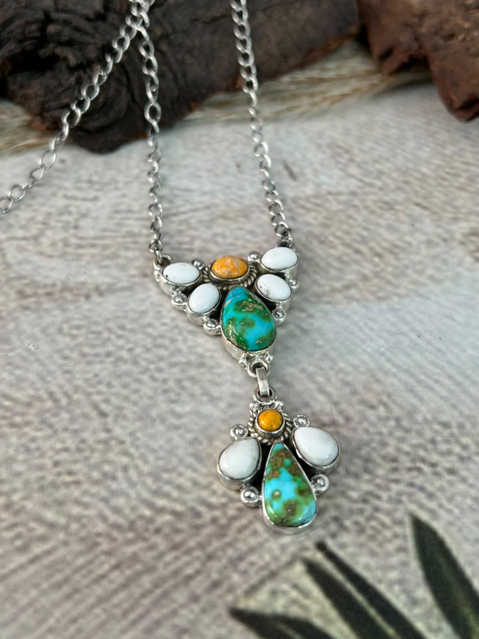 Handmade Sterling Silver Sonoran Mountain Turquoise with Bumblebee and White Buffalo Spring Collection: Drop Necklace Signed Nizhoni