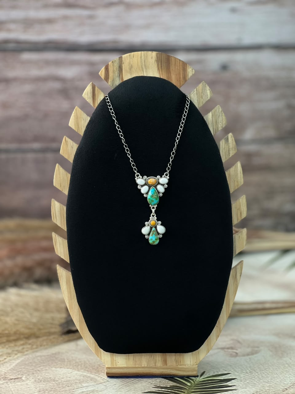 Handmade Sterling Silver Sonoran Mountain Turquoise with Bumblebee and White Buffalo Spring Collection: Drop Necklace Signed Nizhoni