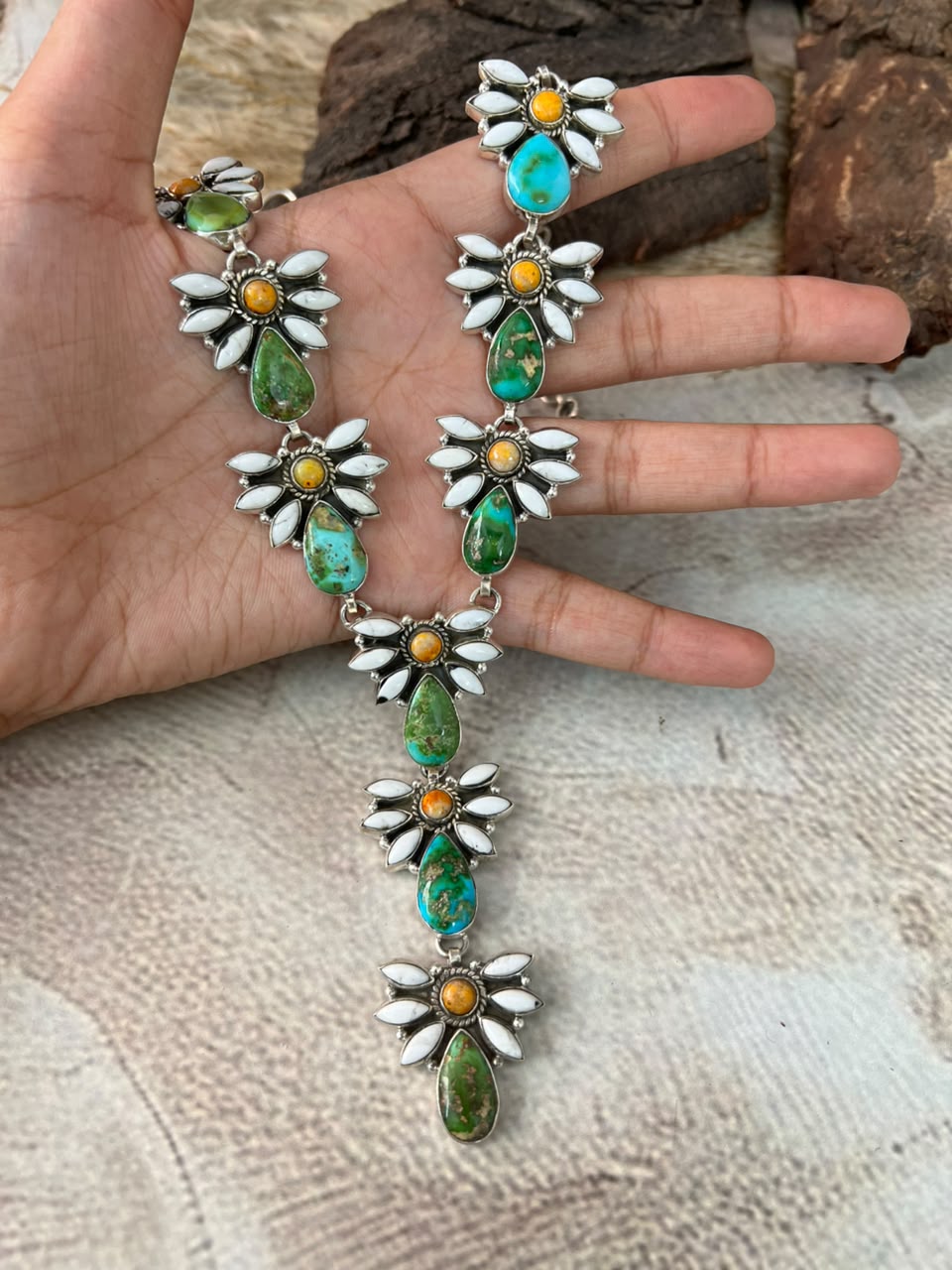 Handmade Sterling Silver Sonoran Mountain Turquoise with Bumblebee and White Buffalo Spring Collection: Necklace Signed Nizhoni