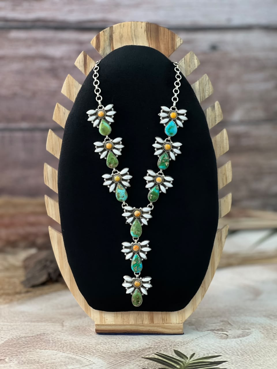 Handmade Sterling Silver Sonoran Mountain Turquoise with Bumblebee and White Buffalo Spring Collection: Necklace Signed Nizhoni