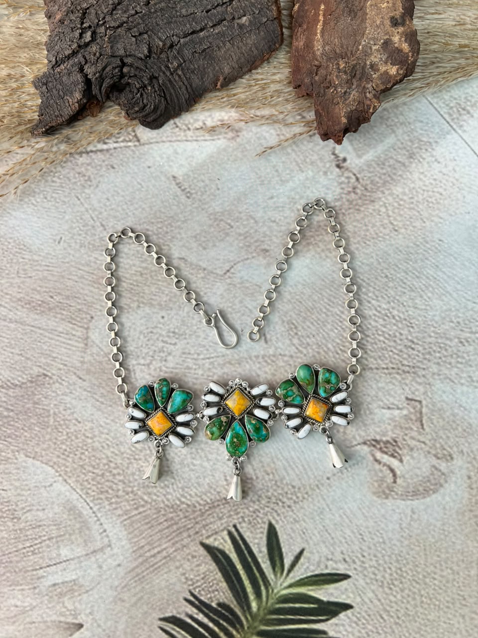Handmade Sterling Silver Sonoran Mountain Turquoise with Bumblebee and White Buffalo Spring Collection: Choker Squash Blossom Necklace Signed Nizhoni