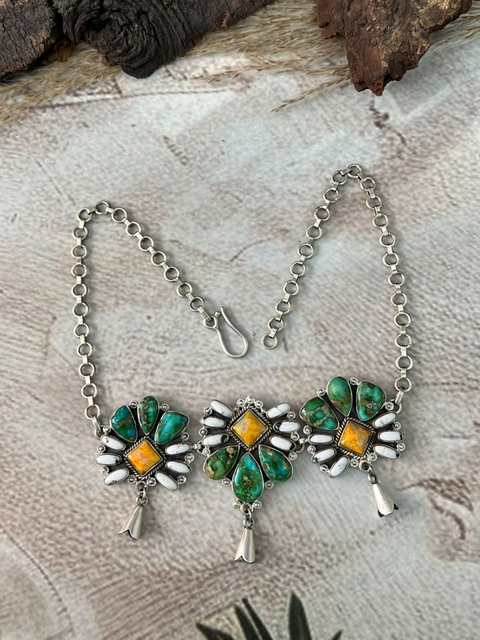 Handmade Sterling Silver Sonoran Mountain Turquoise with Bumblebee and White Buffalo Spring Collection: Choker Squash Blossom Necklace Signed Nizhoni
