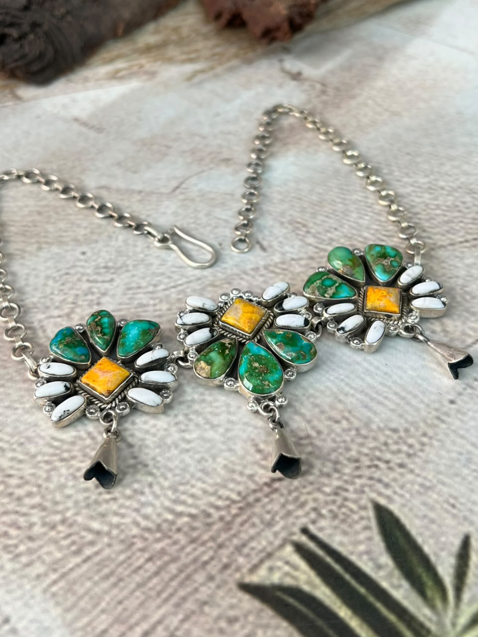 Handmade Sterling Silver Sonoran Mountain Turquoise with Bumblebee and White Buffalo Spring Collection: Choker Squash Blossom Necklace Signed Nizhoni