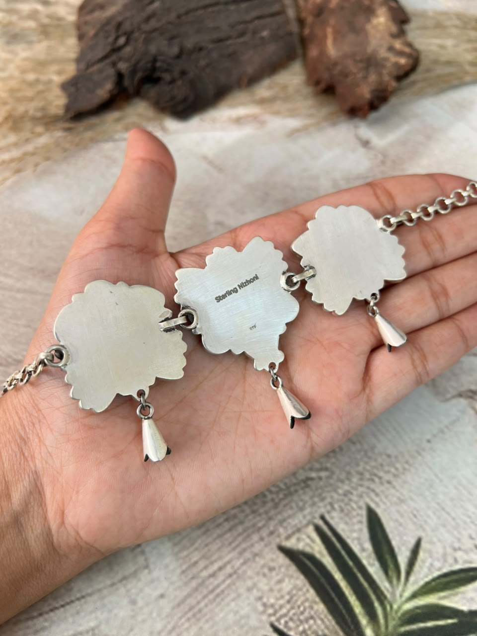 Handmade Sterling Silver Sonoran Mountain Turquoise with Bumblebee and White Buffalo Spring Collection: Choker Squash Blossom Necklace Signed Nizhoni