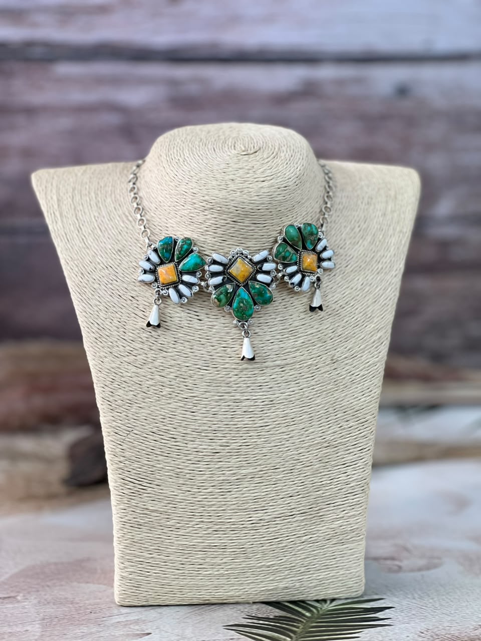 Handmade Sterling Silver Sonoran Mountain Turquoise with Bumblebee and White Buffalo Spring Collection: Choker Squash Blossom Necklace Signed Nizhoni