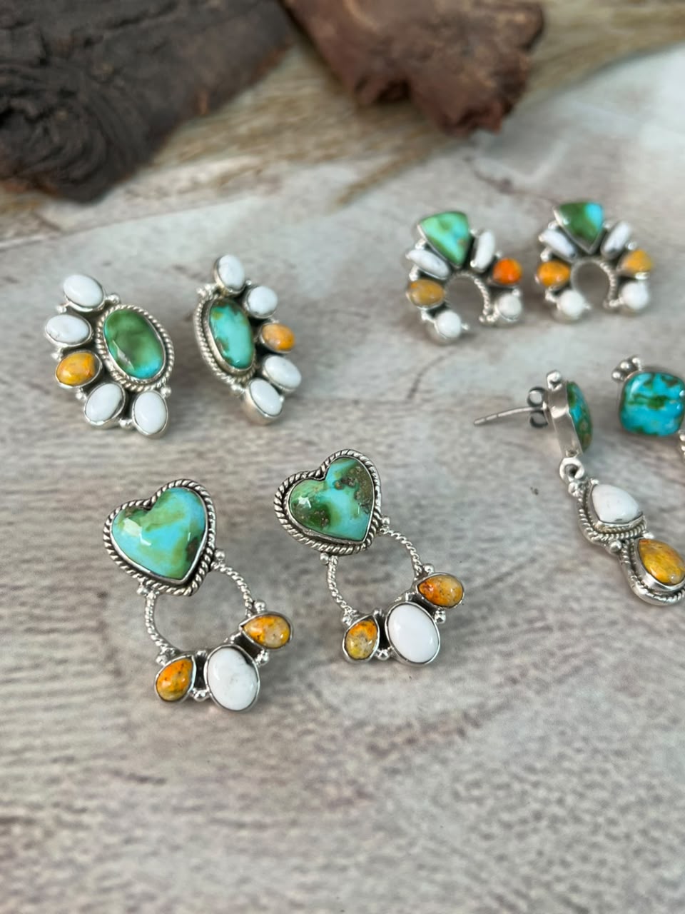 Handmade Sterling Silver Sonoran Mountain Turquoise with Bumblebee and White Buffalo Spring Collection: Post Dangle/Stud Earrings Signed Nizhoni