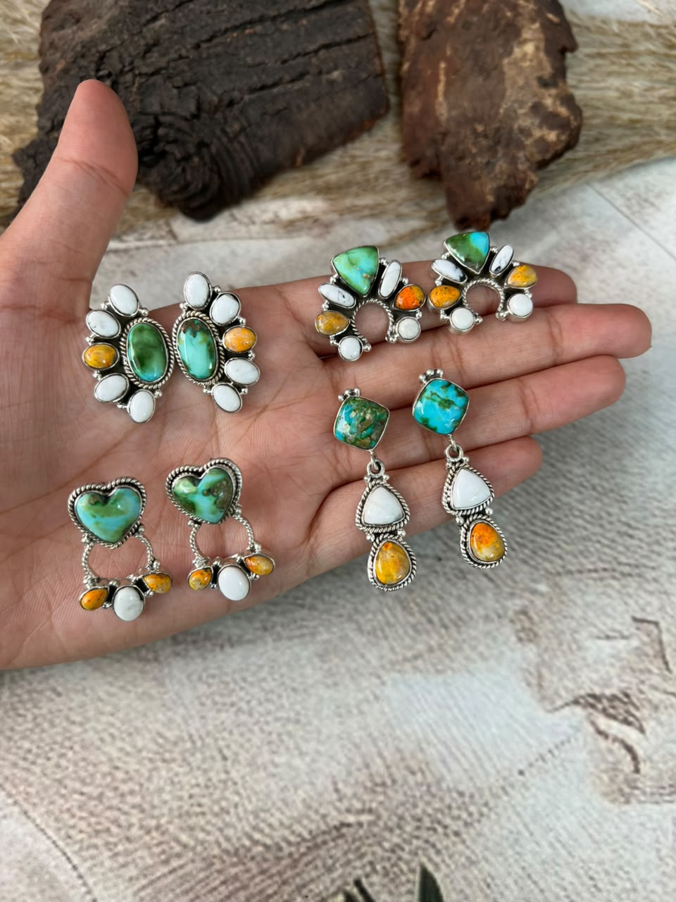 Handmade Sterling Silver Sonoran Mountain Turquoise with Bumblebee and White Buffalo Spring Collection: Post Dangle/Stud Earrings Signed Nizhoni