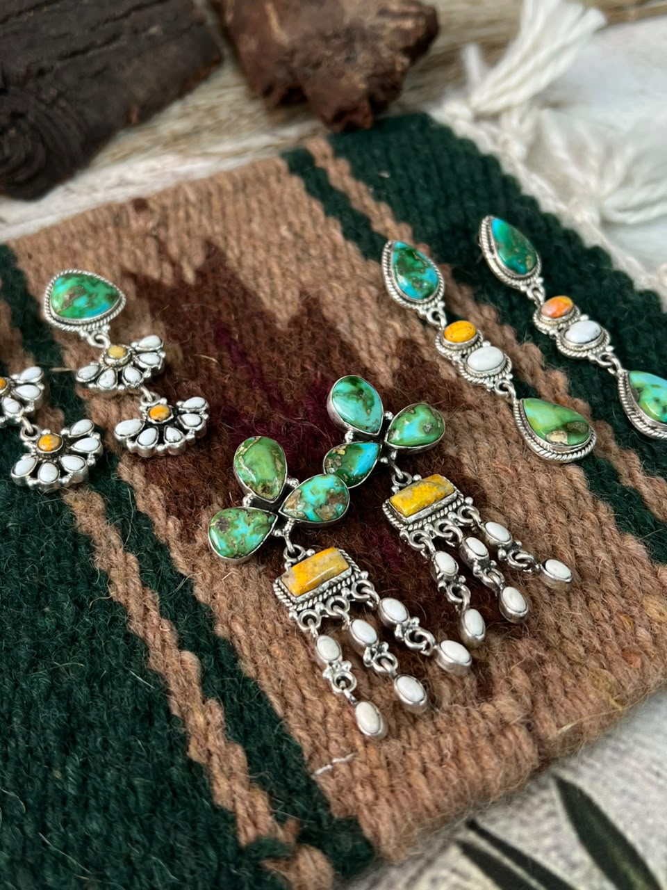 Handmade Sterling Silver Sonoran Mountain Turquoise with Bumblebee and White Buffalo Spring Collection: Post Dangle Earrings Signed Nizhoni