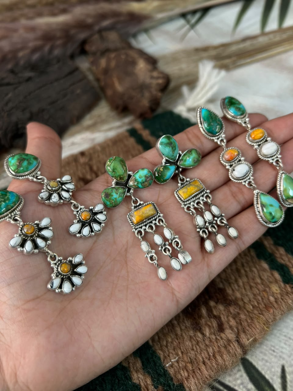 Handmade Sterling Silver Sonoran Mountain Turquoise with Bumblebee and White Buffalo Spring Collection: Post Dangle Earrings Signed Nizhoni