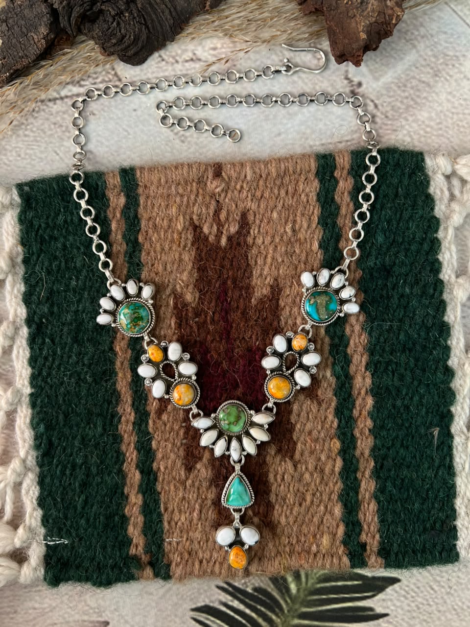Handmade Sterling Silver Sonoran Mountain Turquoise with Bumblebee and White Buffalo Spring Collection: Necklace Signed Nizhoni