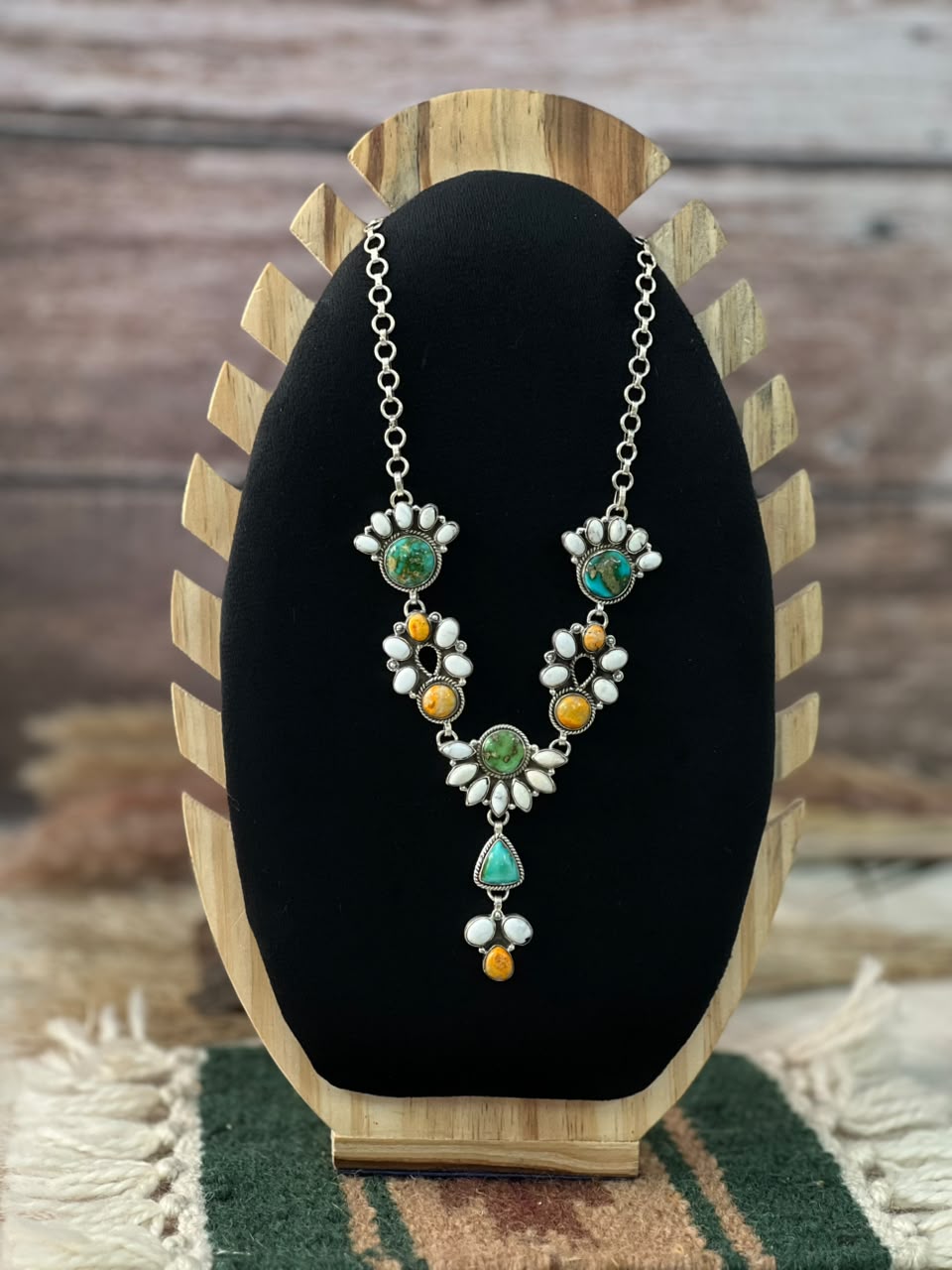 Handmade Sterling Silver Sonoran Mountain Turquoise with Bumblebee and White Buffalo Spring Collection: Necklace Signed Nizhoni
