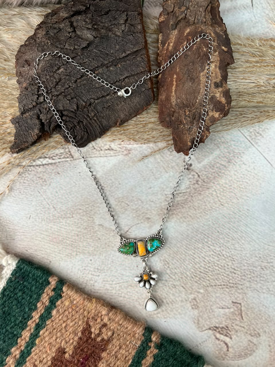 Handmade Sterling Silver Sonoran Mountain Turquoise with Bumblebee and White Buffalo Spring Collection: Necklace Signed Nizhoni
