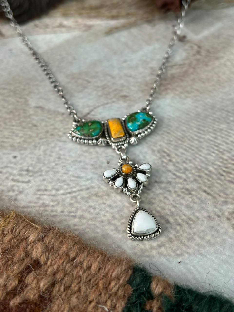 Handmade Sterling Silver Sonoran Mountain Turquoise with Bumblebee and White Buffalo Spring Collection: Necklace Signed Nizhoni