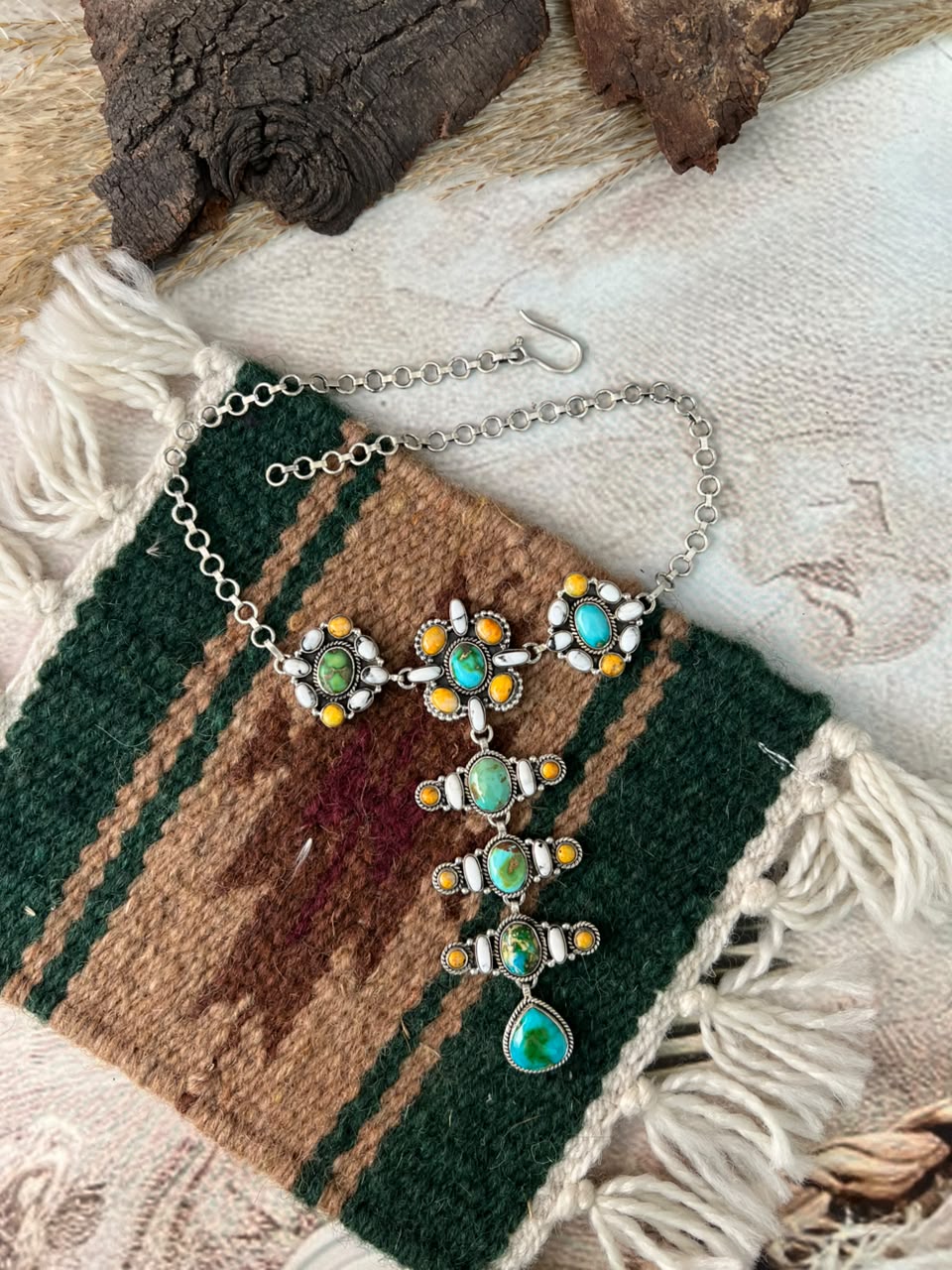 Handmade Sterling Silver Sonoran Mountain Turquoise with Bumblebee and White Buffalo Spring Collection: Necklace Signed Nizhoni