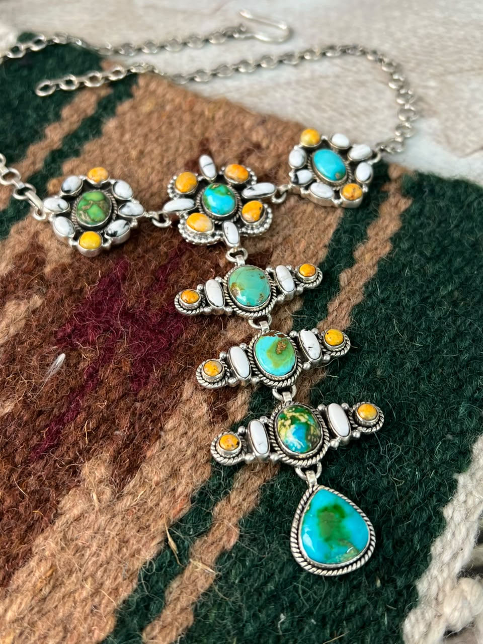 Handmade Sterling Silver Sonoran Mountain Turquoise with Bumblebee and White Buffalo Spring Collection: Necklace Signed Nizhoni