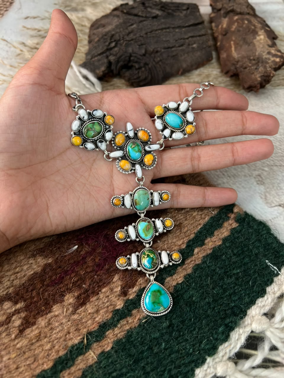 Handmade Sterling Silver Sonoran Mountain Turquoise with Bumblebee and White Buffalo Spring Collection: Necklace Signed Nizhoni