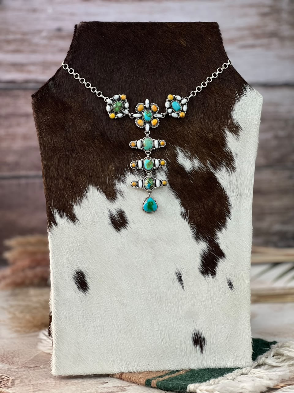Handmade Sterling Silver Sonoran Mountain Turquoise with Bumblebee and White Buffalo Spring Collection: Necklace Signed Nizhoni