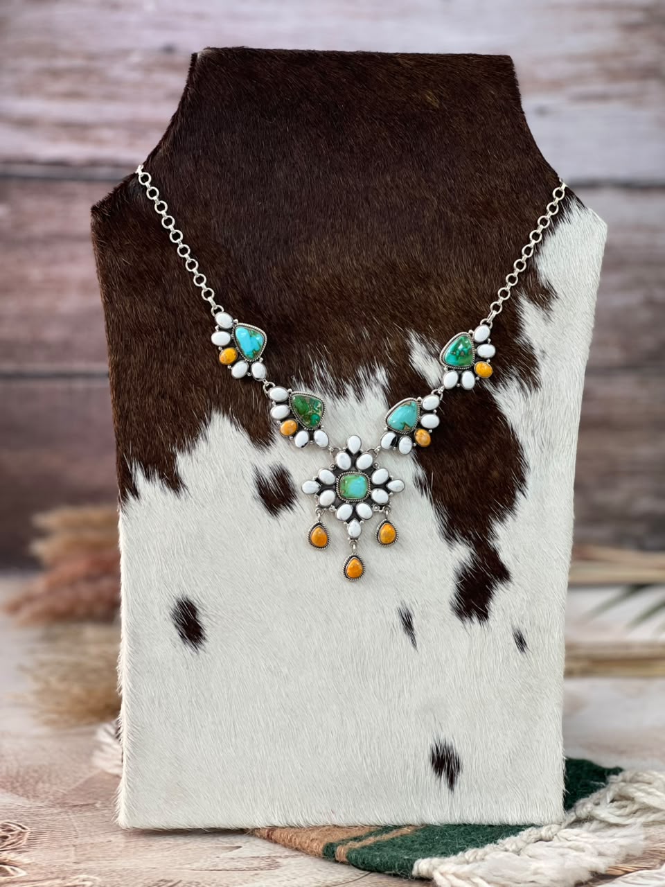 Handmade Sterling Silver Sonoran Mountain Turquoise with Bumblebee and White Buffalo Spring Collection: Necklace Signed Nizhoni