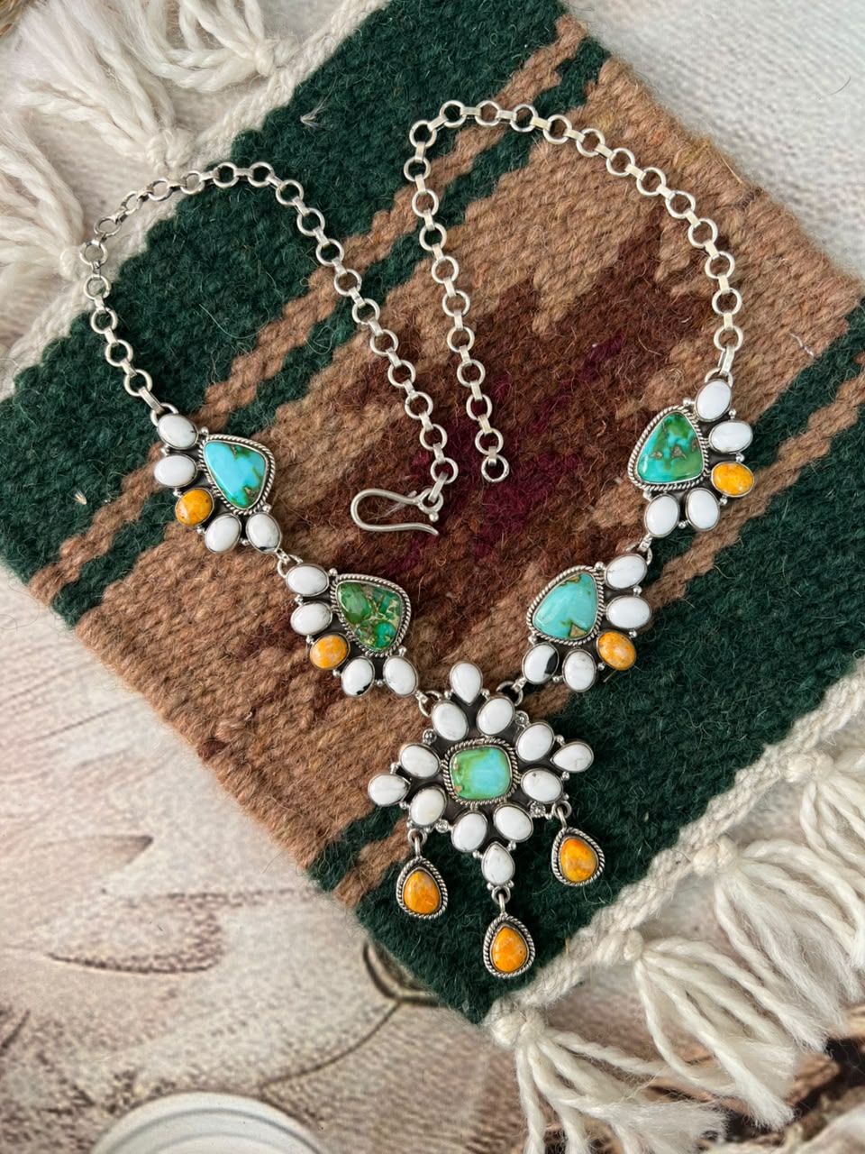 Handmade Sterling Silver Sonoran Mountain Turquoise with Bumblebee and White Buffalo Spring Collection: Necklace Signed Nizhoni