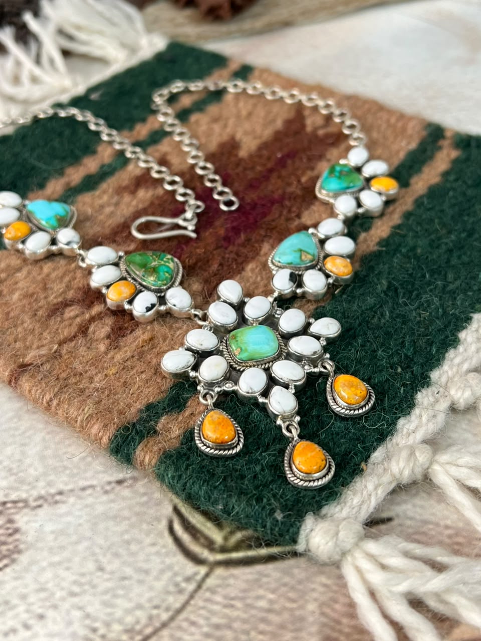Handmade Sterling Silver Sonoran Mountain Turquoise with Bumblebee and White Buffalo Spring Collection: Necklace Signed Nizhoni