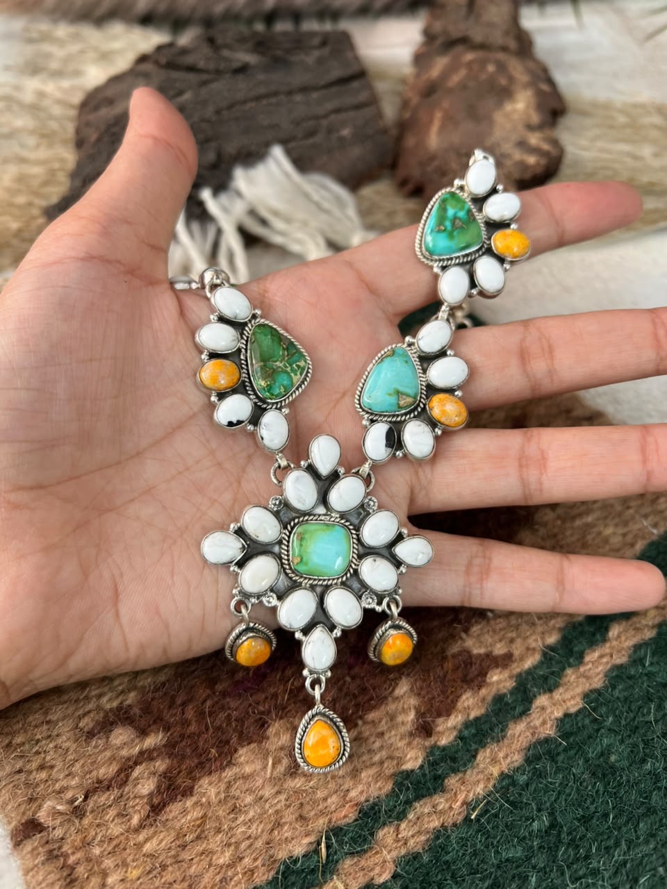 Handmade Sterling Silver Sonoran Mountain Turquoise with Bumblebee and White Buffalo Spring Collection: Necklace Signed Nizhoni