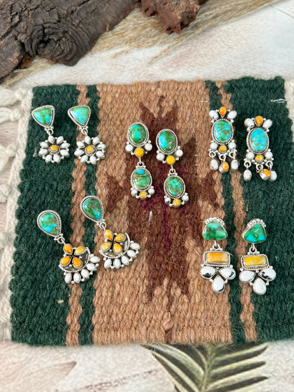 Handmade Sterling Silver Sonoran Mountain Turquoise with Bumblebee and White Buffalo Spring Collection: Post Dangle Earrings Signed Nizhoni
