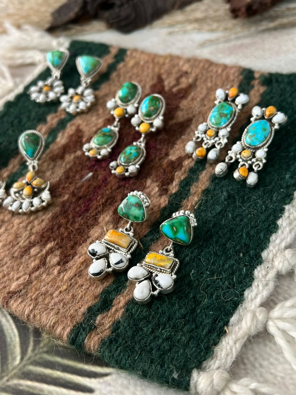 Handmade Sterling Silver Sonoran Mountain Turquoise with Bumblebee and White Buffalo Spring Collection: Post Dangle Earrings Signed Nizhoni
