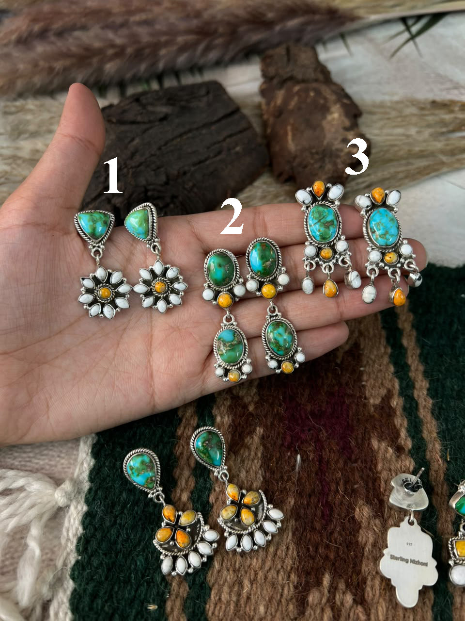 Handmade Sterling Silver Sonoran Mountain Turquoise with Bumblebee and White Buffalo Spring Collection: Post Dangle Earrings Signed Nizhoni