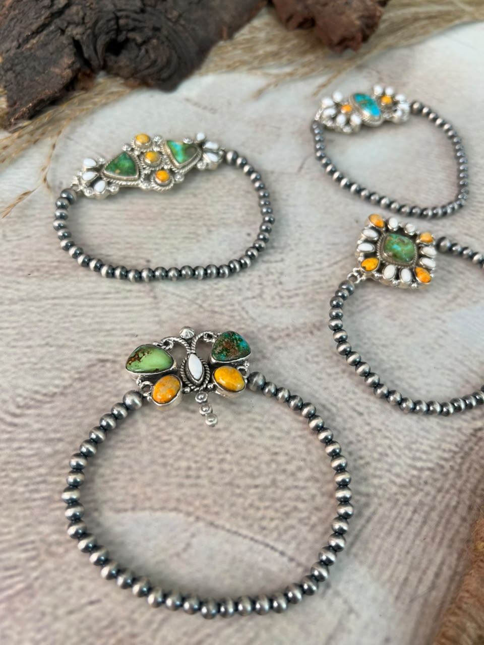 Handmade Sterling Silver Sonoran Mountain Turquoise with Bumblebee and White Buffalo Spring Collection: Stretchy Beaded Bracelet Signed Nizhoni