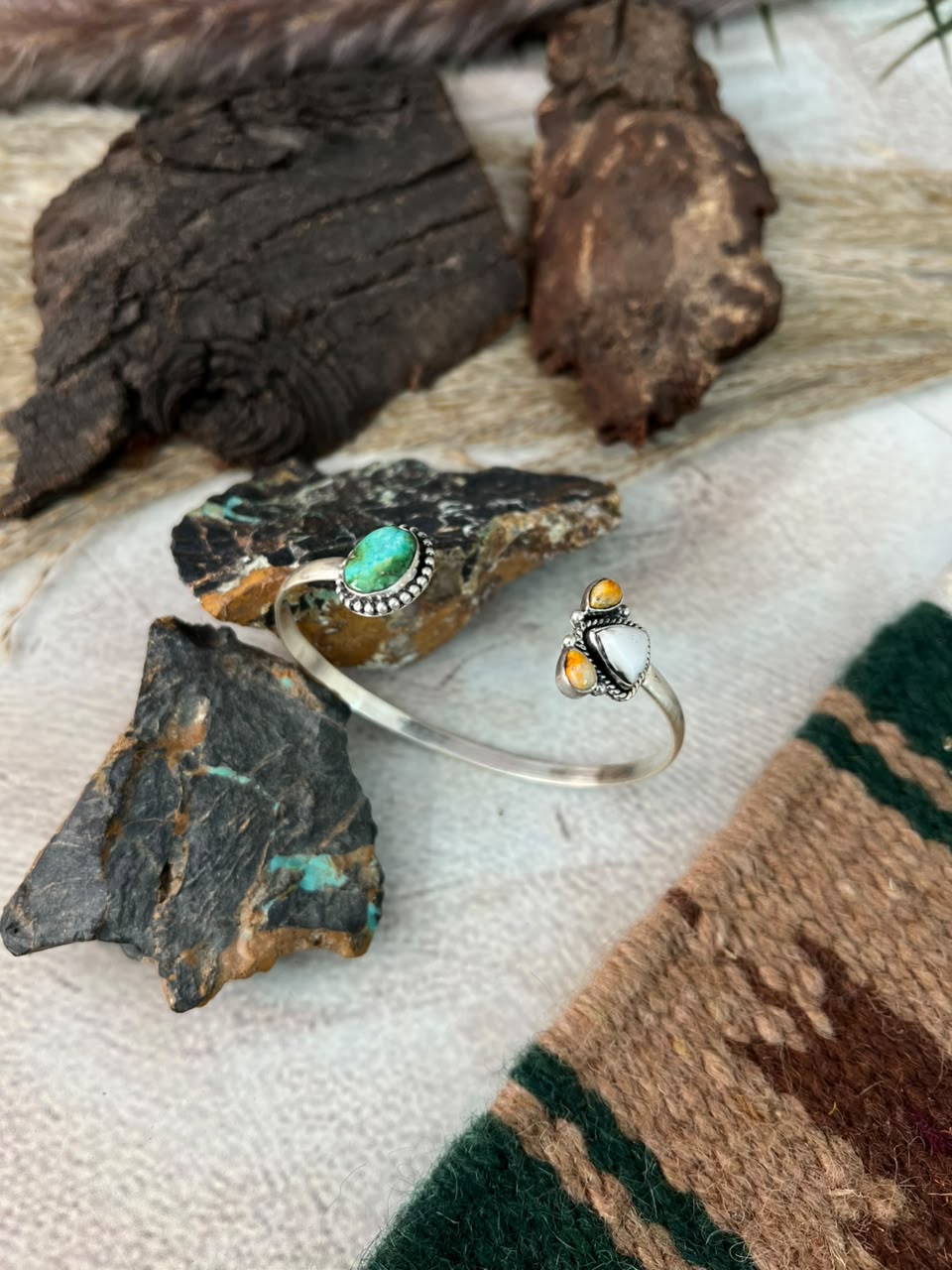 Handmade Sterling Silver Sonoran Mountain Turquoise with Bumblebee and White Buffalo Spring Collection: Cuff Bracelet Signed Nizhoni