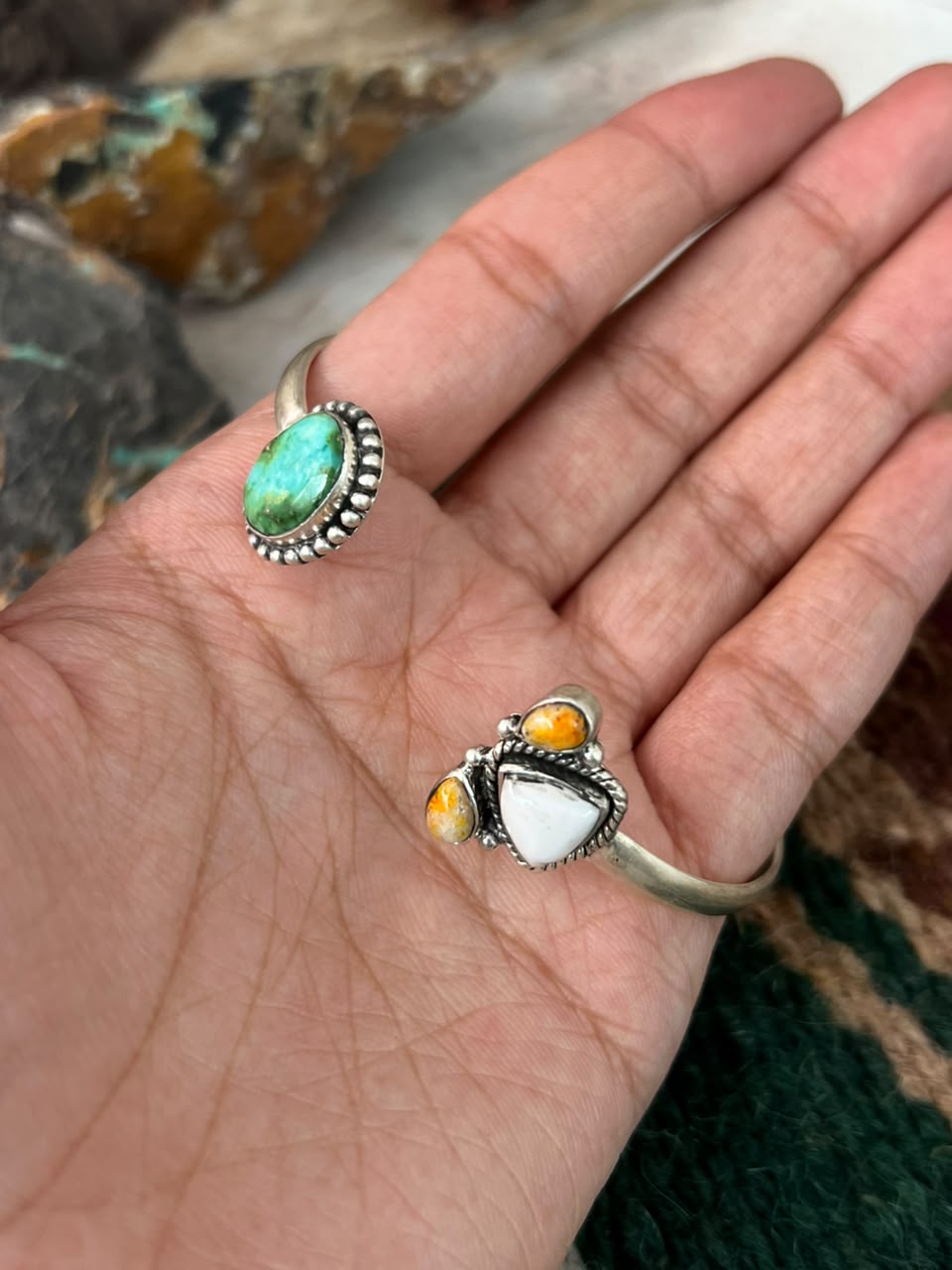Handmade Sterling Silver Sonoran Mountain Turquoise with Bumblebee and White Buffalo Spring Collection: Cuff Bracelet Signed Nizhoni