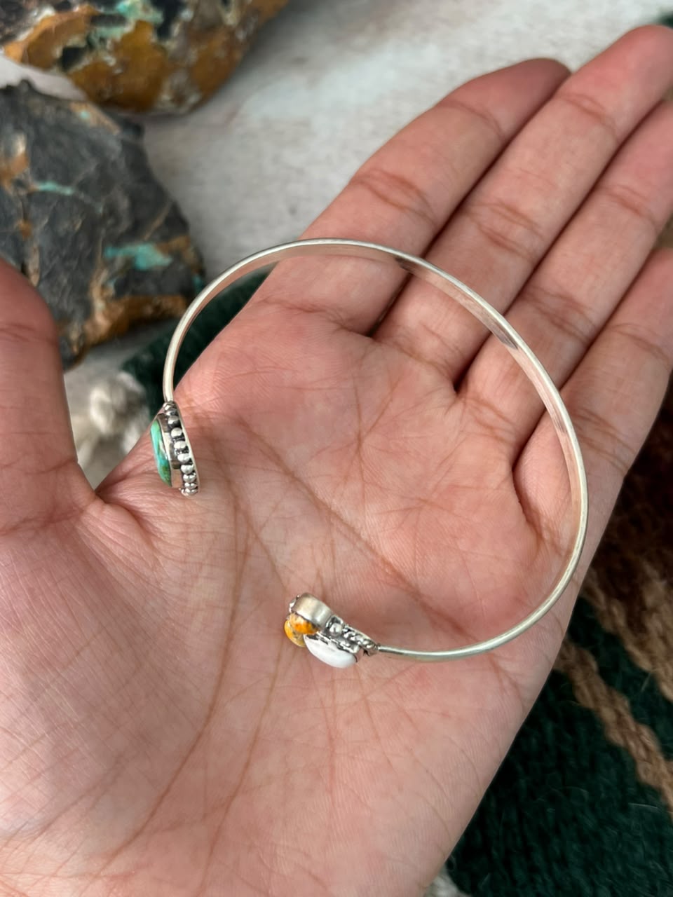 Handmade Sterling Silver Sonoran Mountain Turquoise with Bumblebee and White Buffalo Spring Collection: Cuff Bracelet Signed Nizhoni