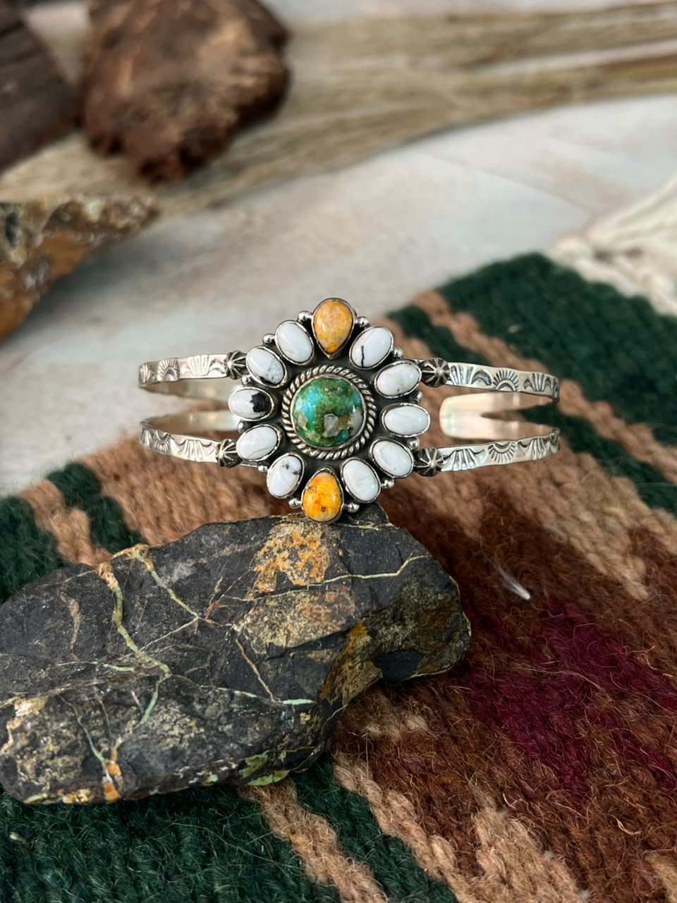 Handmade Sterling Silver Sonoran Mountain Turquoise with Bumblebee and White Buffalo Spring Collection: Cuff Bracelet Signed Nizhoni