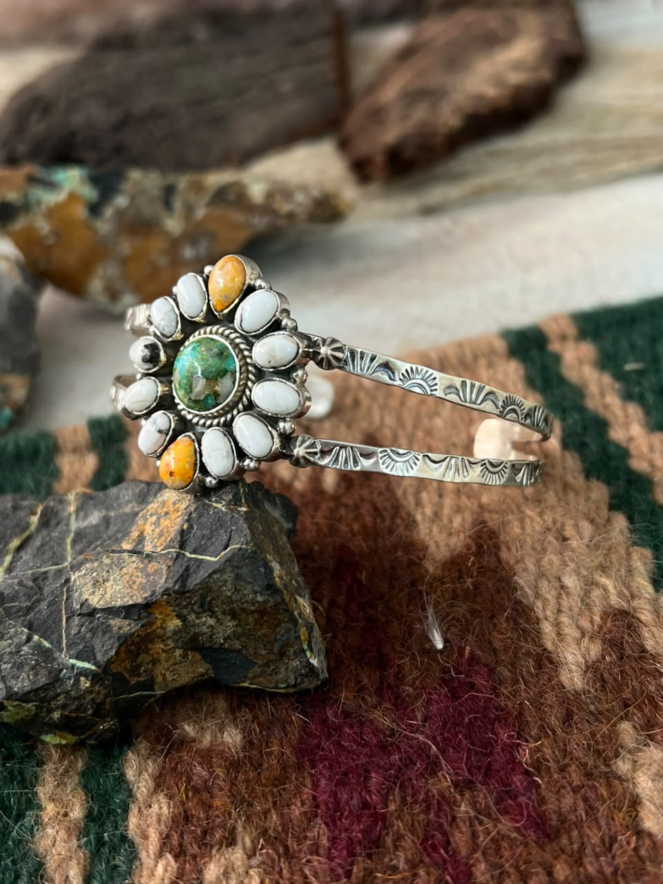 Handmade Sterling Silver Sonoran Mountain Turquoise with Bumblebee and White Buffalo Spring Collection: Cuff Bracelet Signed Nizhoni