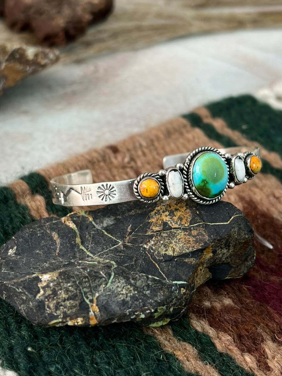 Handmade Sterling Silver Sonoran Mountain Turquoise with Bumblebee and White Buffalo Spring Collection: Cuff Bracelet Signed Nizhoni