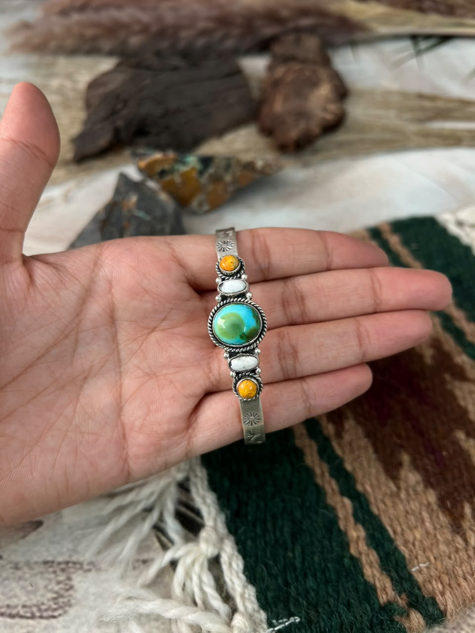 Handmade Sterling Silver Sonoran Mountain Turquoise with Bumblebee and White Buffalo Spring Collection: Cuff Bracelet Signed Nizhoni