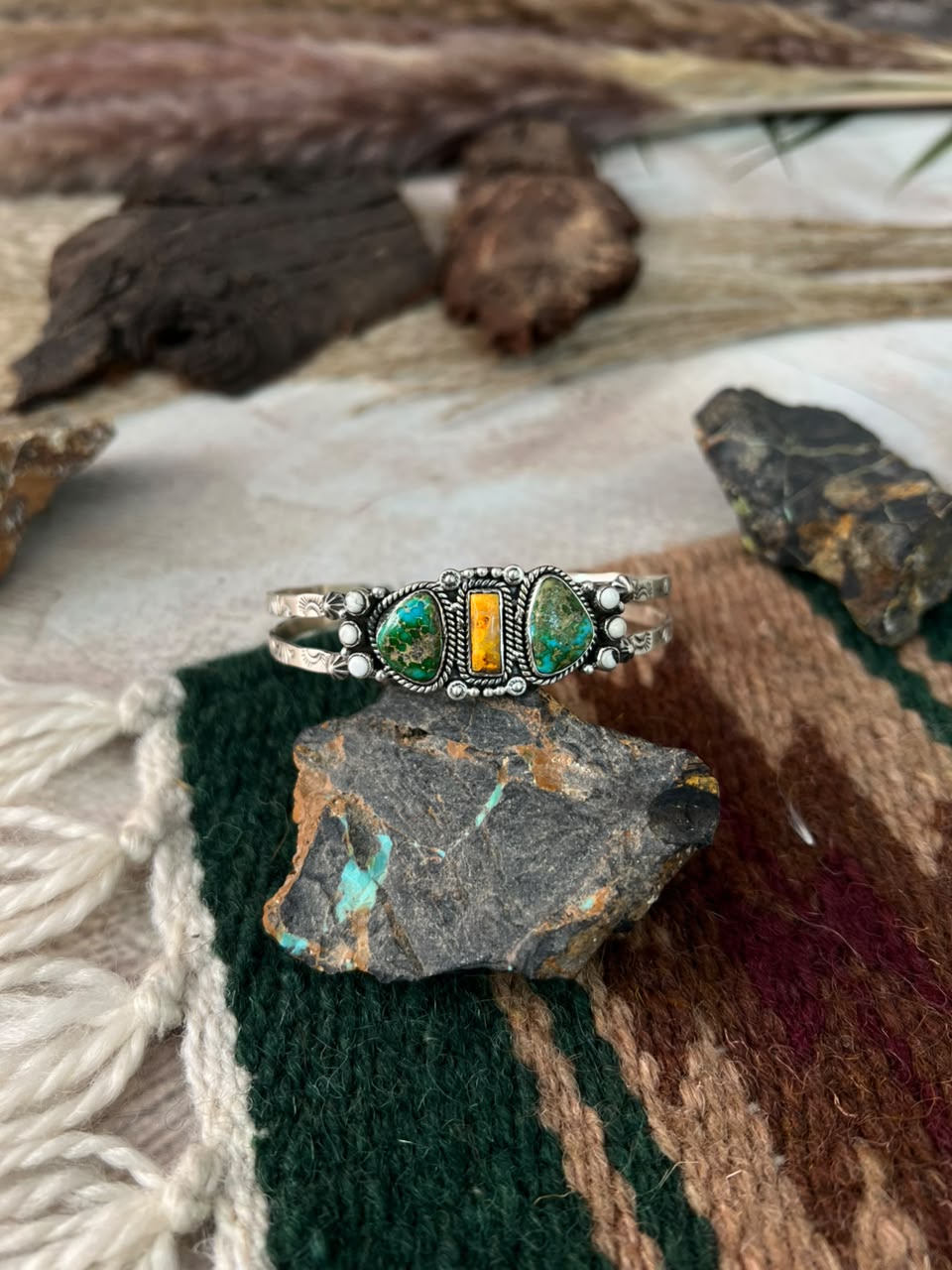 Handmade Sterling Silver Sonoran Mountain Turquoise with Bumblebee and White Buffalo Spring Collection: Cuff Bracelet Signed Nizhoni