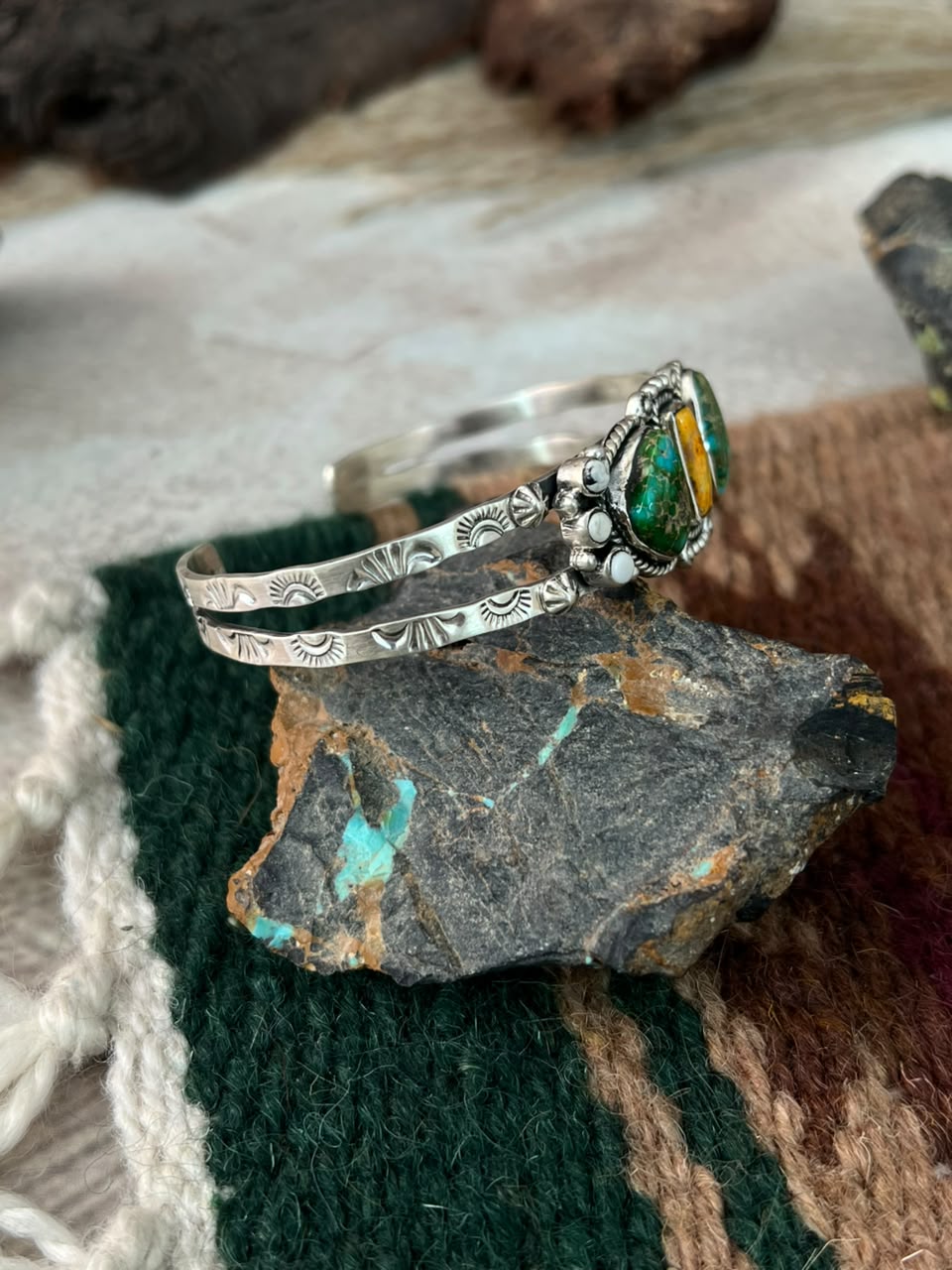 Handmade Sterling Silver Sonoran Mountain Turquoise with Bumblebee and White Buffalo Spring Collection: Cuff Bracelet Signed Nizhoni